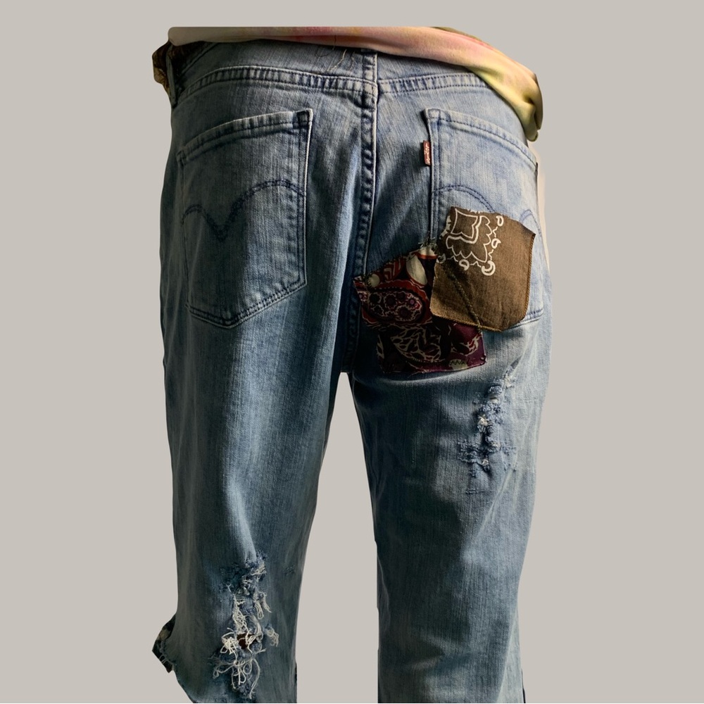 Homemade Patched Up Upcycled Blue Denim Cutoff Shorts - Picture 10 of 13